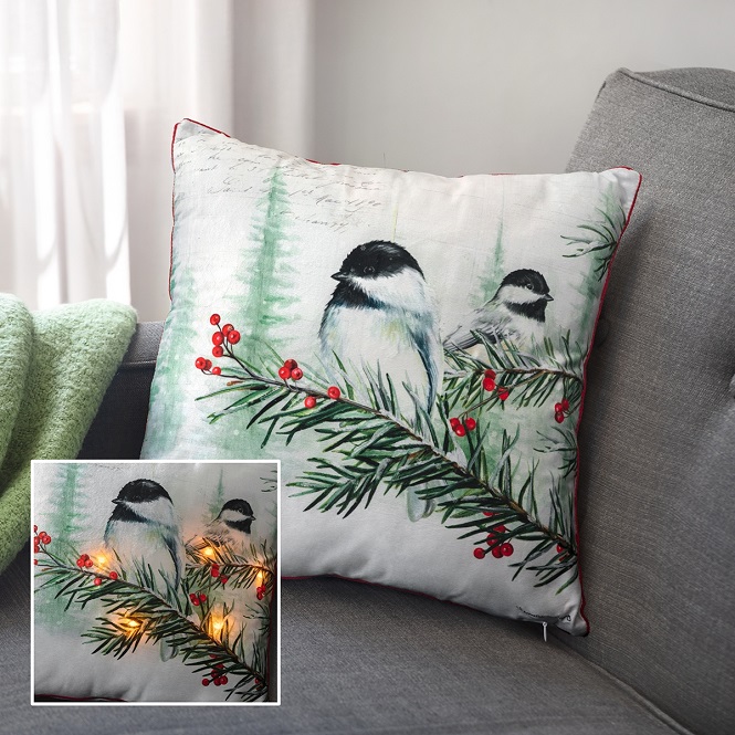 Holiday Chickadee Light-Up Pillow