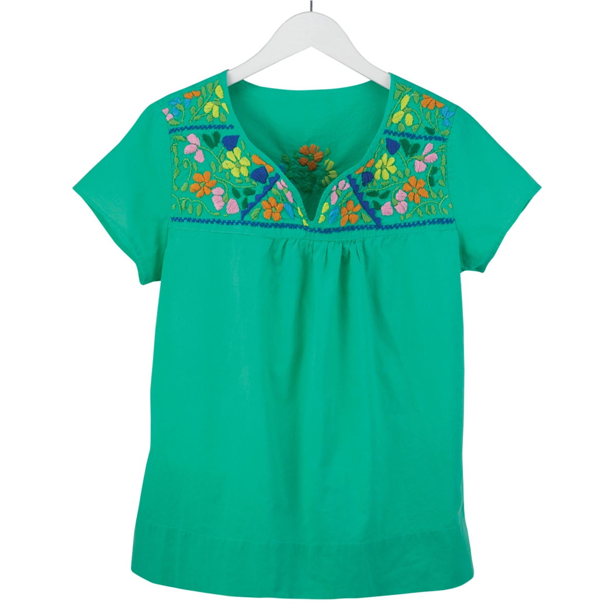 Embroidered Flower Neckline Green Tee