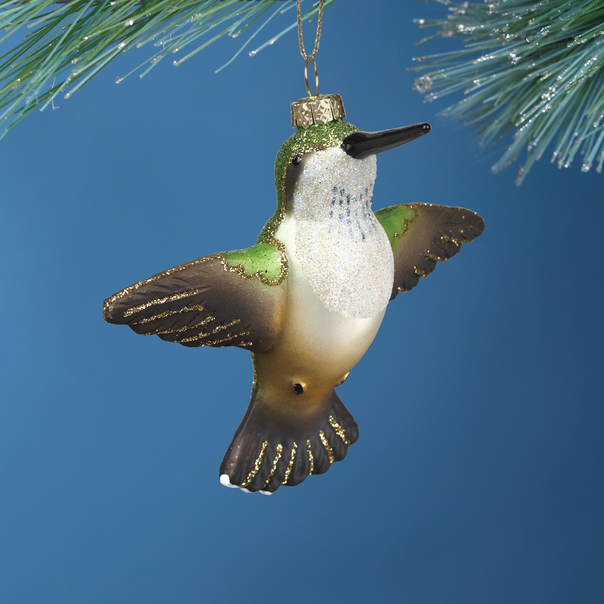 Flying Ruby Throated Hummingbird Glass Ornament