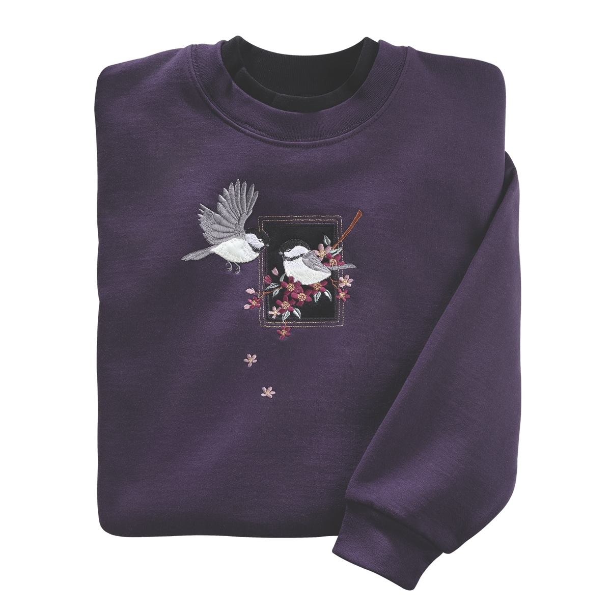 embroidered chickadee sweatshirt