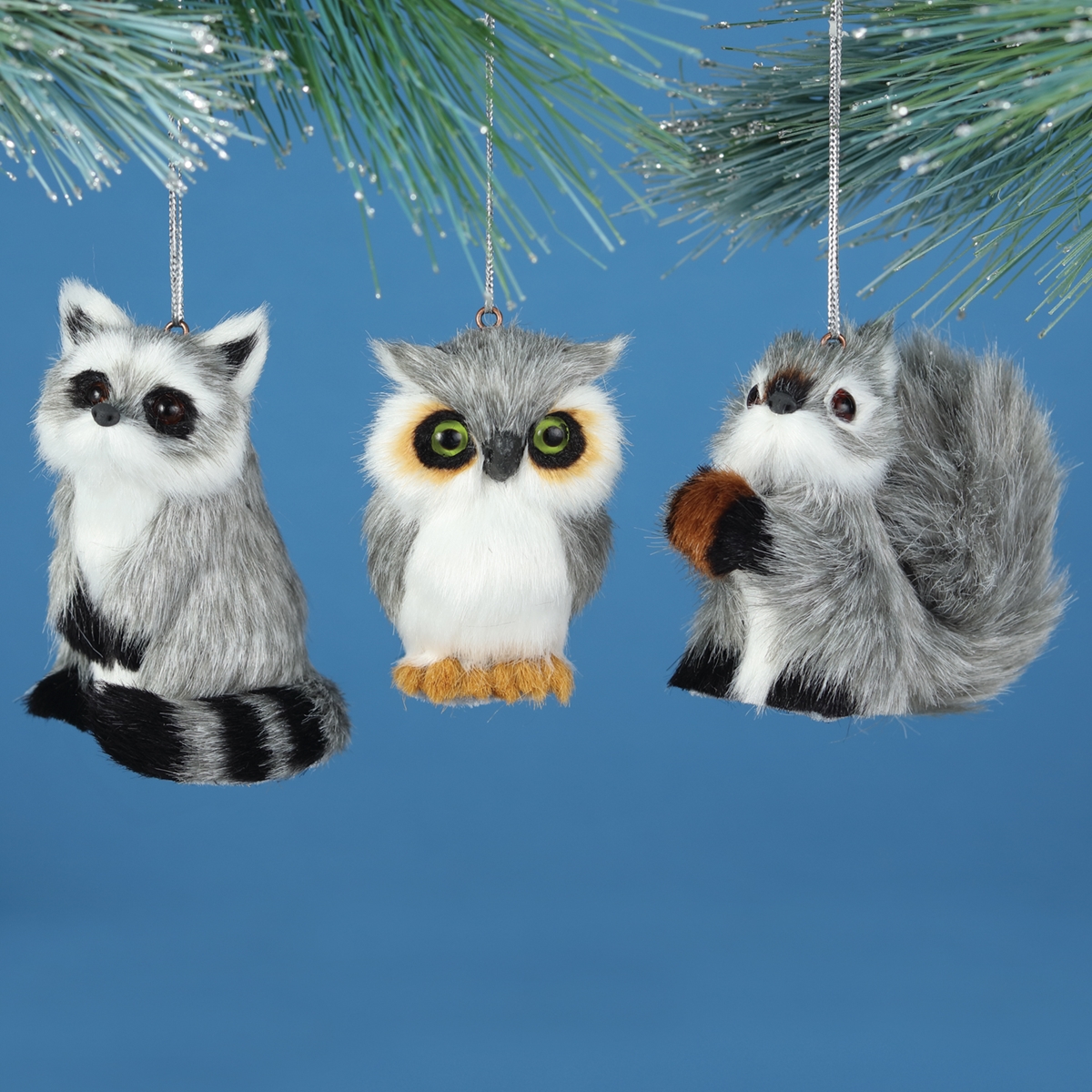 Owl, Raccoon, Squirrel Plush Ornament Set