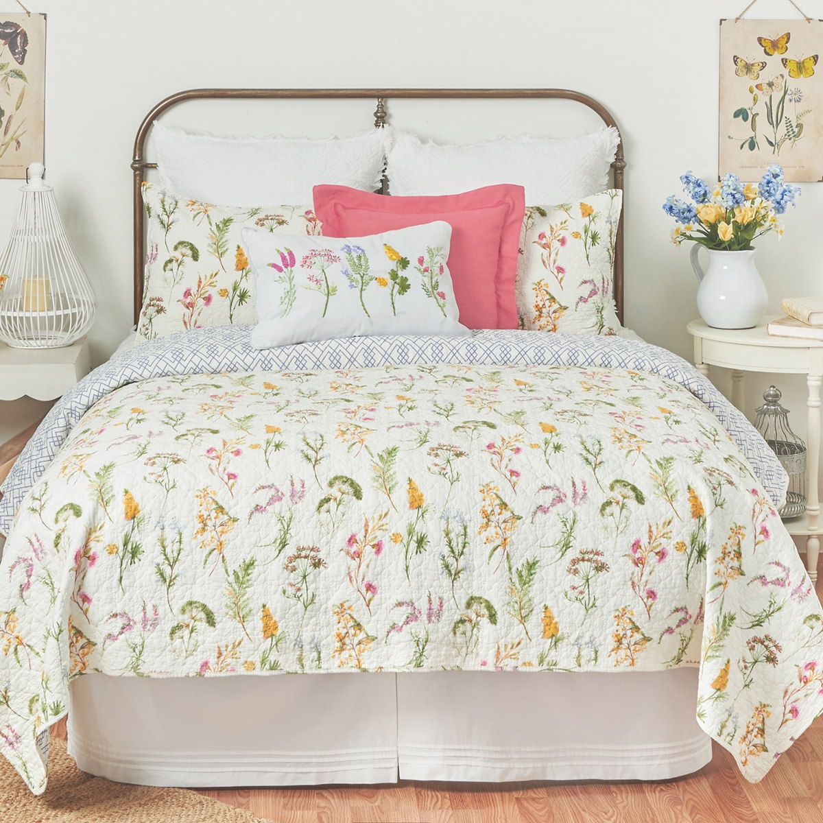 King 100% Cotton Wildflower Patchwork Block Bedspread Reversible