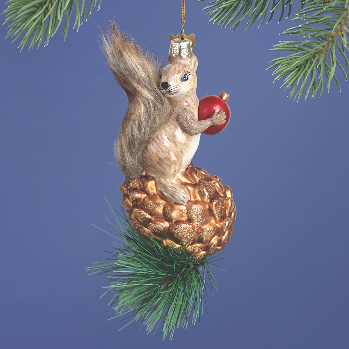 Squirrel on Pine Cone Glass Ornament