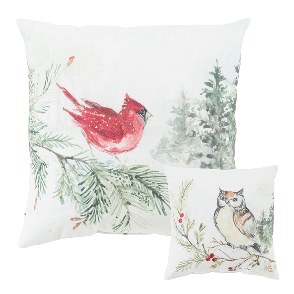 Alternate view: of Snowy Forest Cardinal and Owl Reversible Pillow