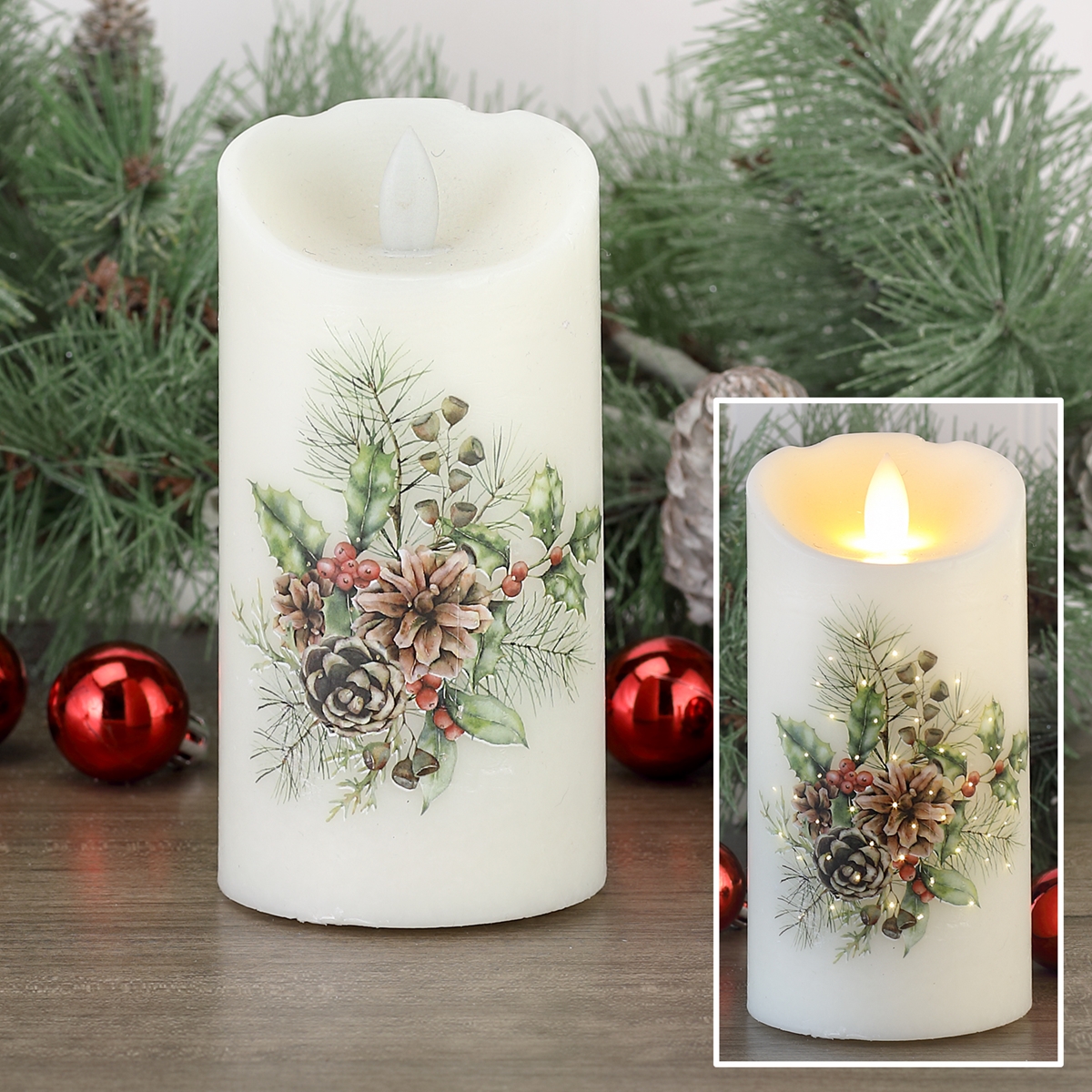 Holly and Pinecones LED Candle