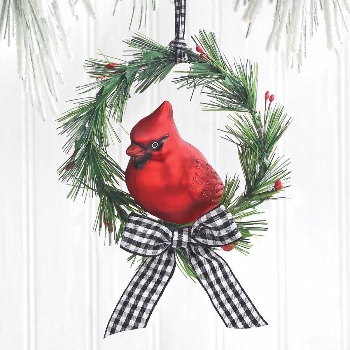 Glass Cardinal and Wreath Ornament