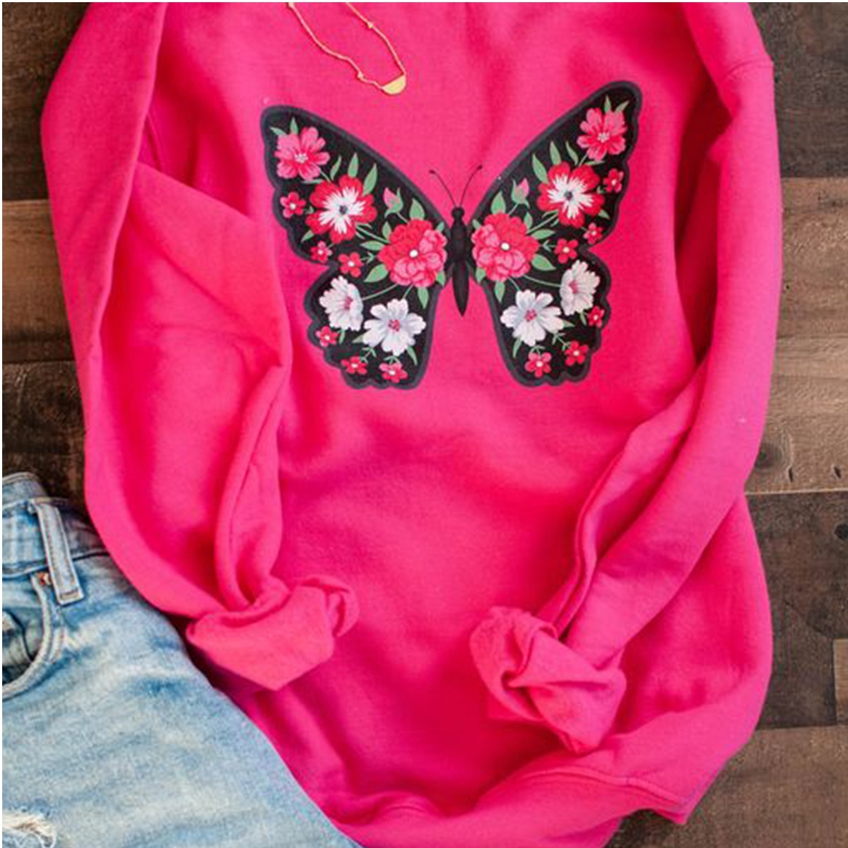 Floral Butterfly Sweatshirt (Ladies Cut)