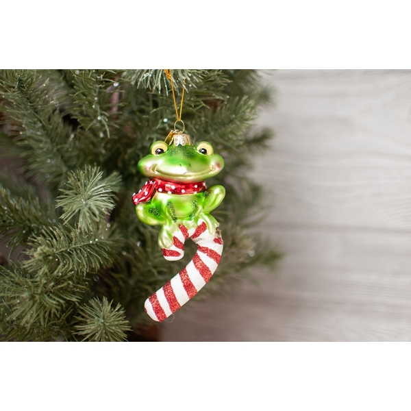Alternate view: of Frog on Candy Cane Glass Ornament