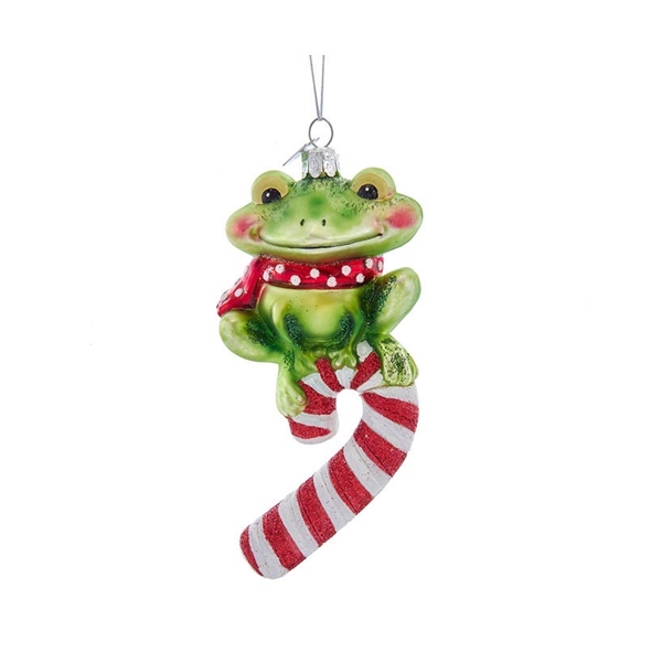 Alternate view:ALT1 of Frog on Candy Cane Glass Ornament