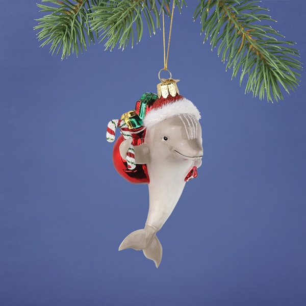 Alternate view: of Dolphin Santa Glass Ornament