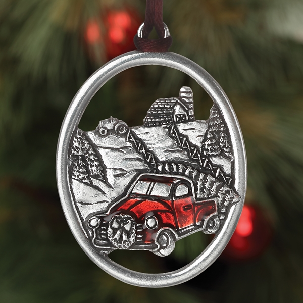 Alternate view: of Red Truck Christmas Scene Plant a Tree Ornament